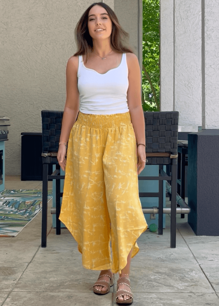 Easy Breezy Smocked Diagonal Cut Gaucho Pants in Yellow