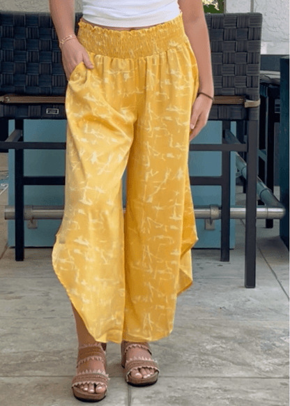 Easy Breezy Smocked Diagonal Cut Gaucho Pants in Yellow