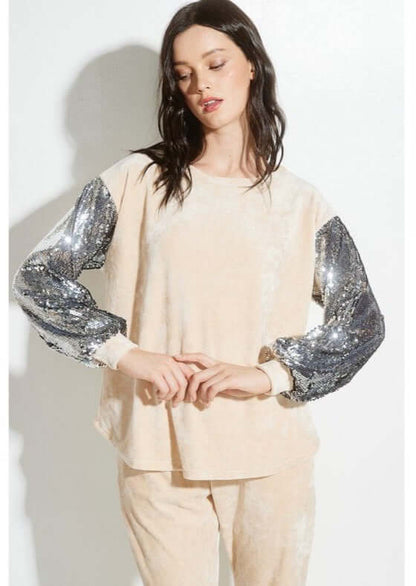 Champagne Glam Velvet Track Suit with Sequins Sleeves