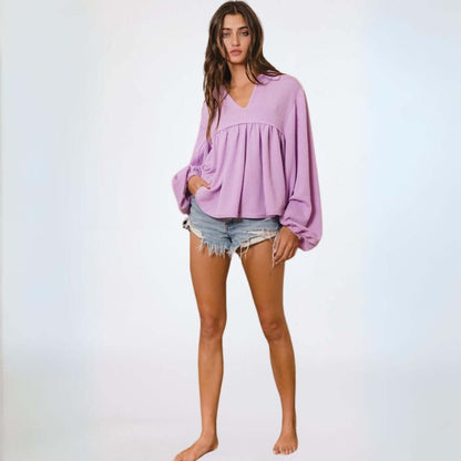 Any Time Soft Textured Bubble Sleeve Top Made in USA