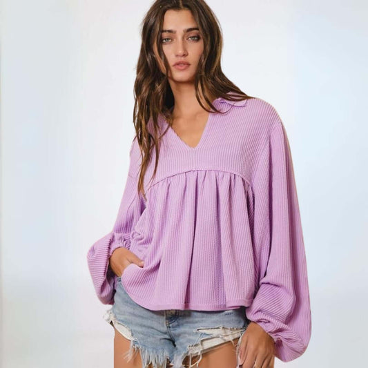 Any Time Soft Textured Bubble Sleeve Top Made in USA