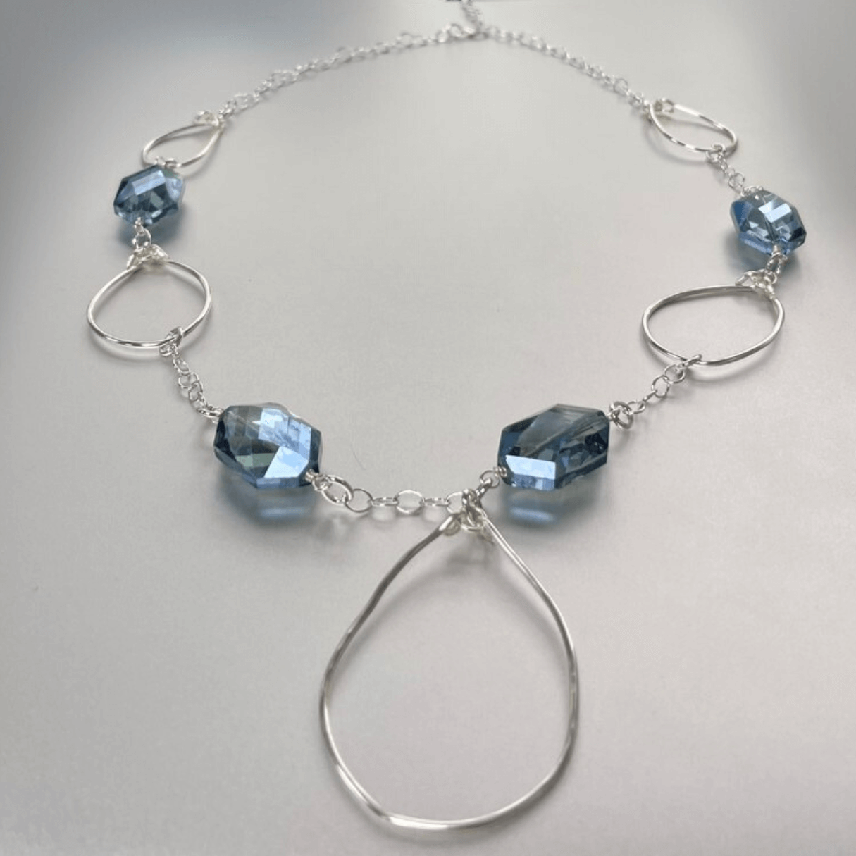 Blue Crystals Hand Crafted Long Drop Necklace Made in USA