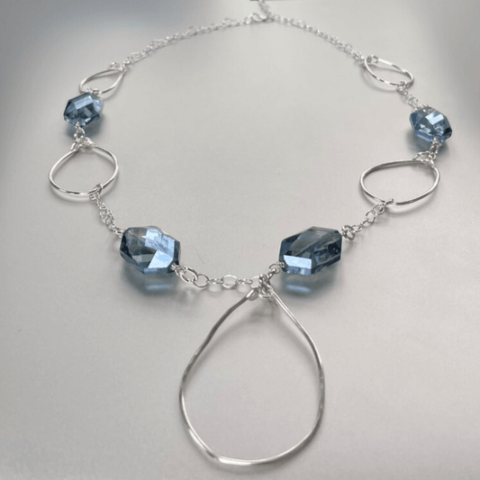 Blue Crystals Hand Crafted Long Drop Necklace Made in USA