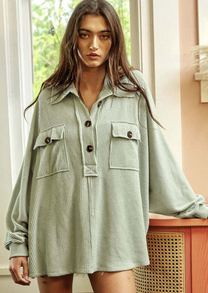 Comfort Me Ribbed Oversized Henley Made in USA