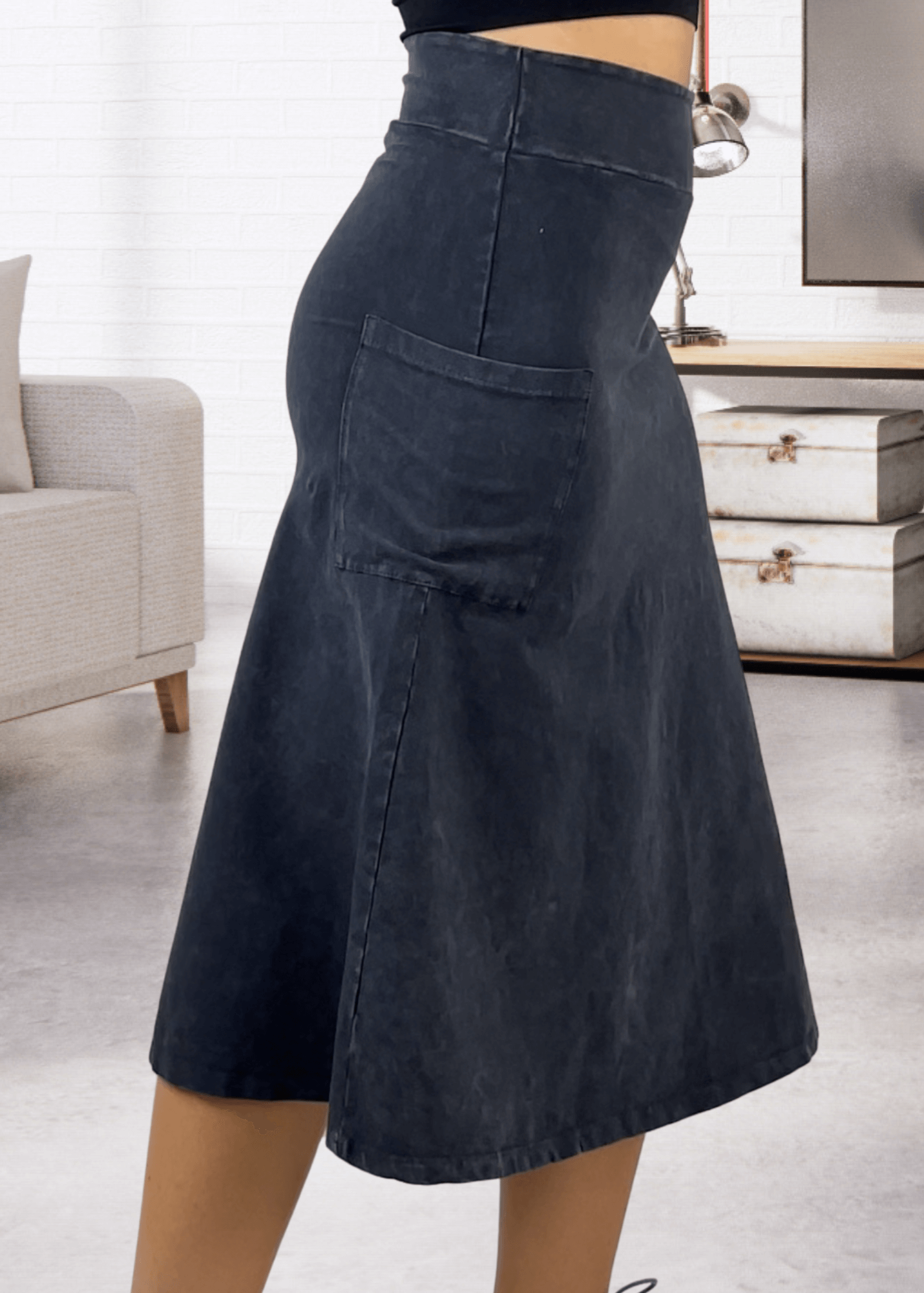 Alyssa Very Versatile Cotton Skirt in Dark Grey-Blue Denim