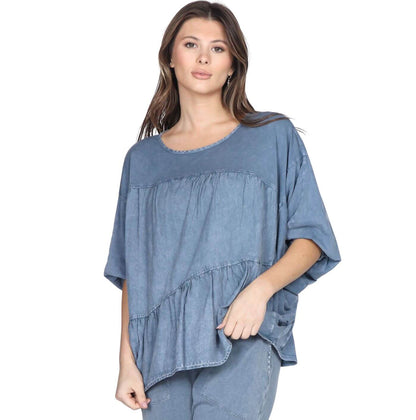 Linen Contrast Top with Pleating in Front