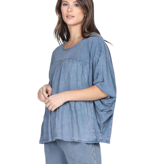 Linen Contrast Top with Pleating in Front