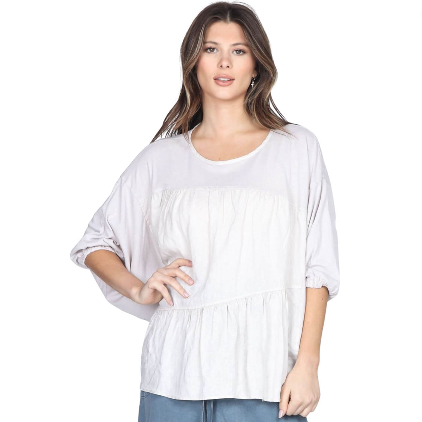 Linen Contrast Top with Pleating in Front