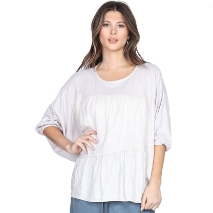 Linen Contrast Top with Pleating in Front