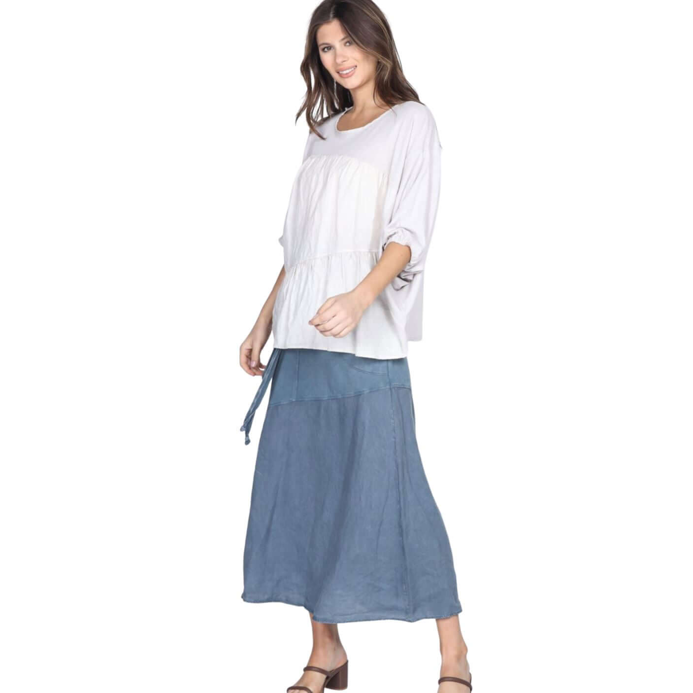 Linen Contrast Top with Pleating in Front