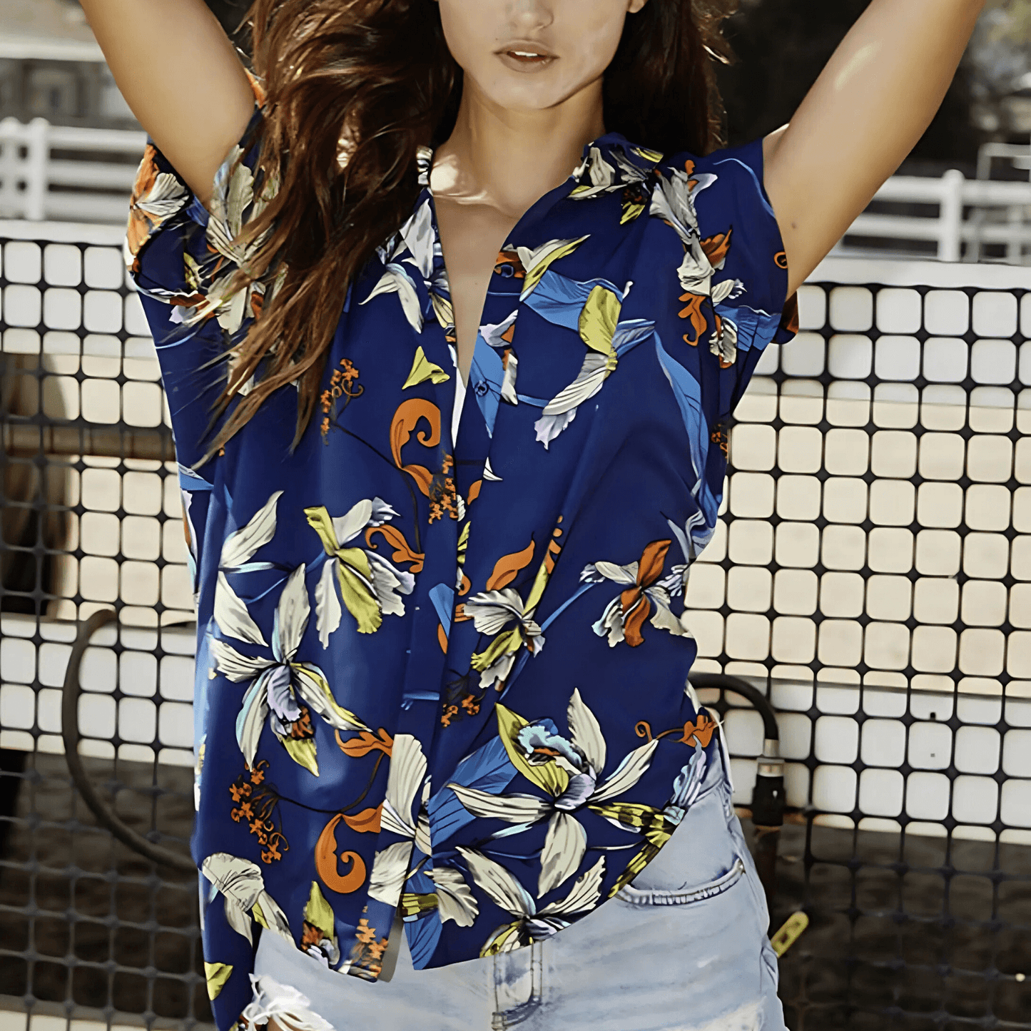 Navy Tropical Print Versatile Button Down Top