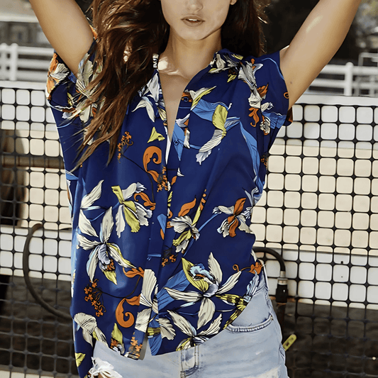 Navy Tropical Print Versatile Button Down Top