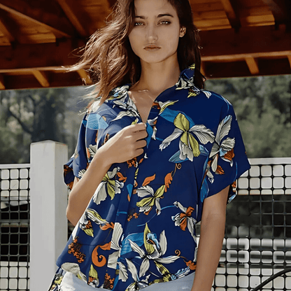 Navy Tropical Print Versatile Button Down Top
