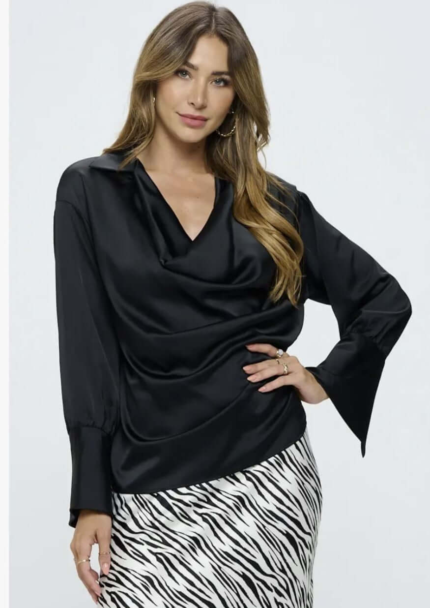 Stunning Satin Cowl Neck Top with Split Cuff Top