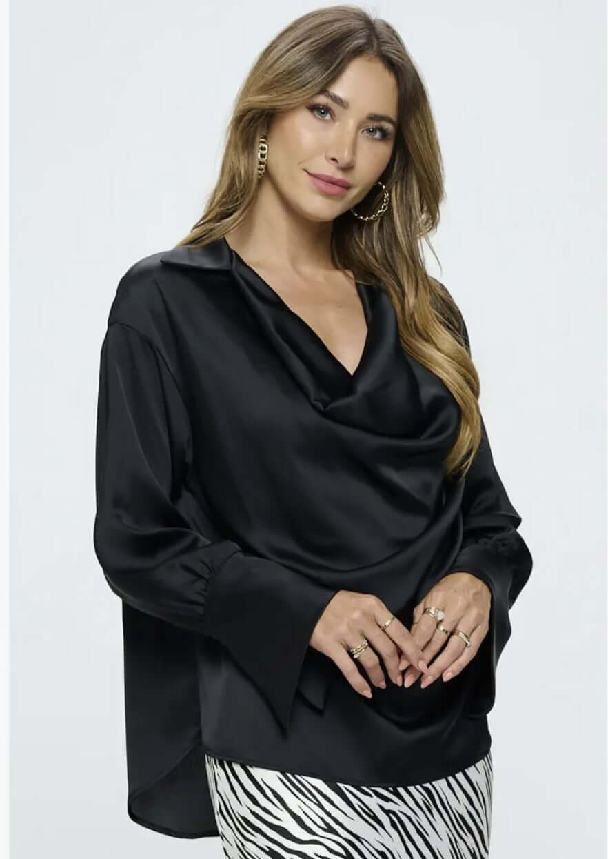 Stunning Satin Cowl Neck Top with Split Cuff Top