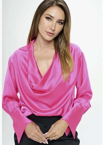 Stunning Satin Cowl Neck Top with Split Cuff Top