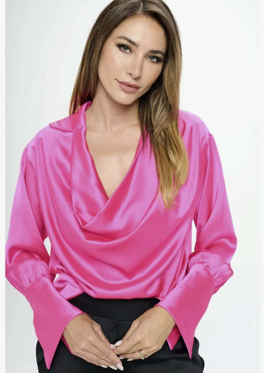 Stunning Satin Cowl Neck Top with Split Cuff Top