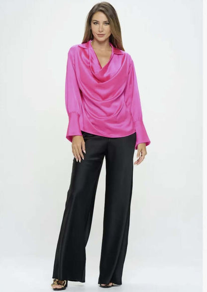 Stunning Satin Cowl Neck Top with Split Cuff Top