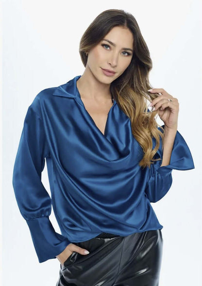 Stunning Satin Cowl Neck Top with Split Cuff Top