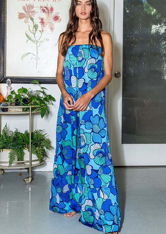 A Blue Floral Resort Wear Strapless Jumpsuit