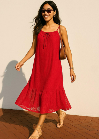 Gianna Lace Front Tie Midi Dress in Red